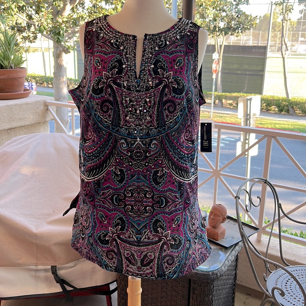 INC international Concepts Paisley Mesh Embellished Sleeveless Top 1X NWT